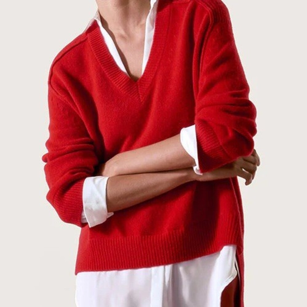 Brochu Walker Sweater Womens S Red Layered V-Neck Pullover Shirttail Hem